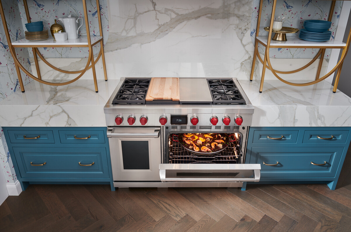 Overhead shot of a Wolf 48-inch gas range 
