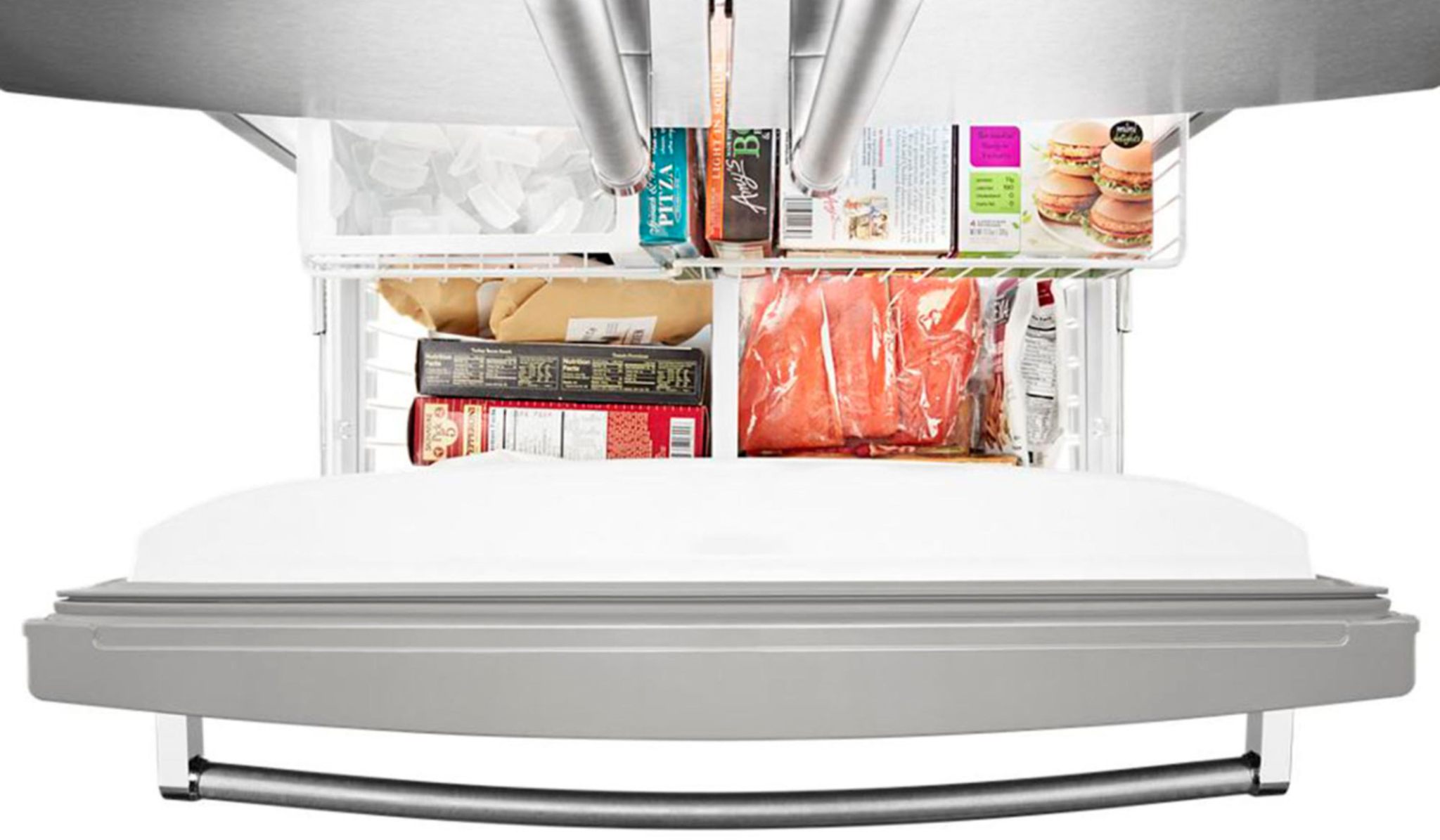 A bottom-freezer refrigerator freezer open with several frozen foods 
