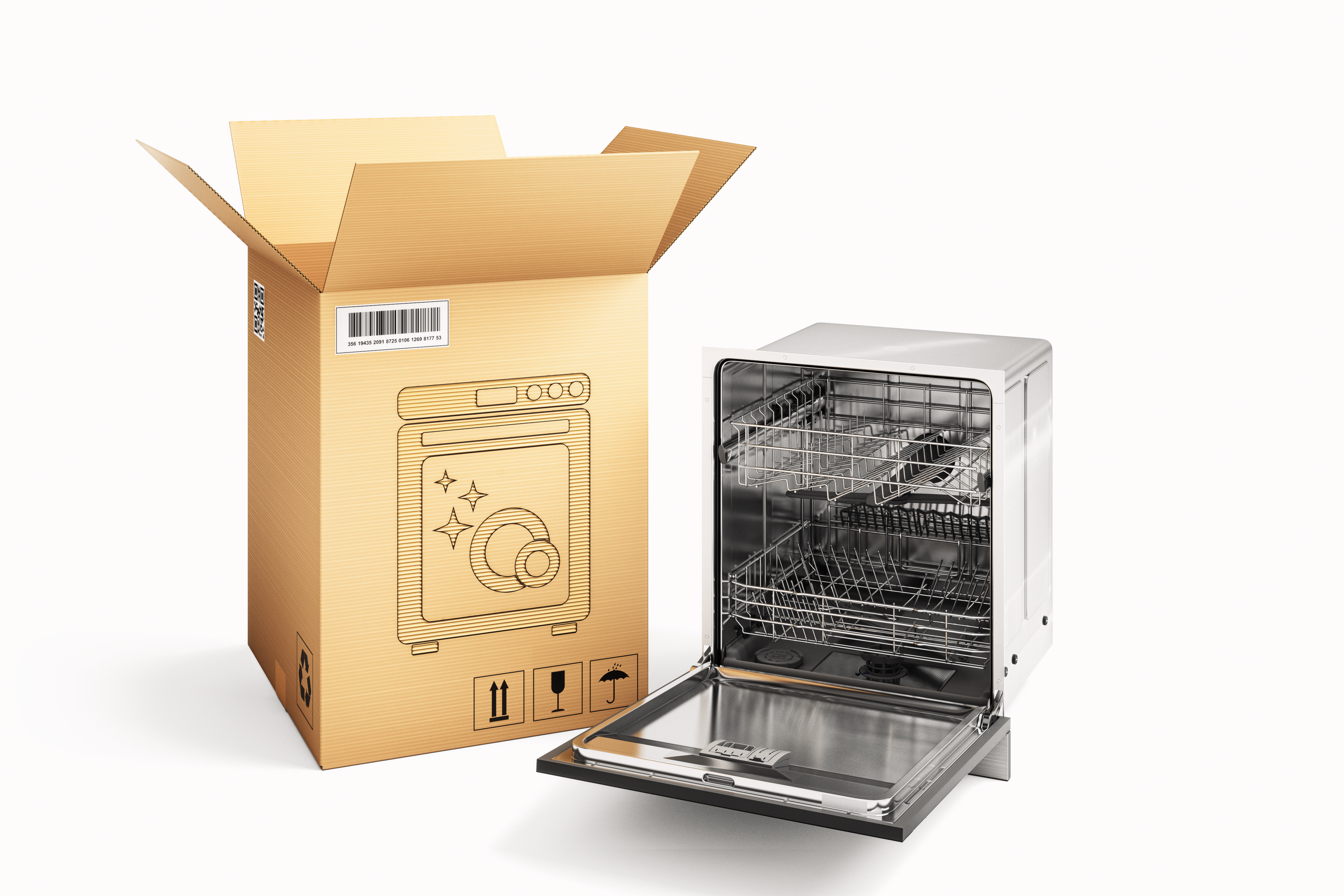 Graphic of a dishwasher and a shipping box 