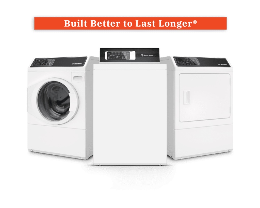 Infographic of Speed Queen washers and dryers with a Built Better to Last Longer banner