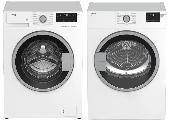 Side-by-side front view of Beko BWM7200X front load washer and Beko BDV7200X dryer