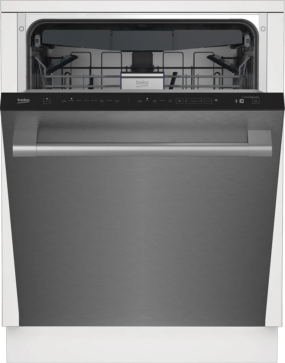 Beko DDT38530X dishwasher with the door slightly opened 