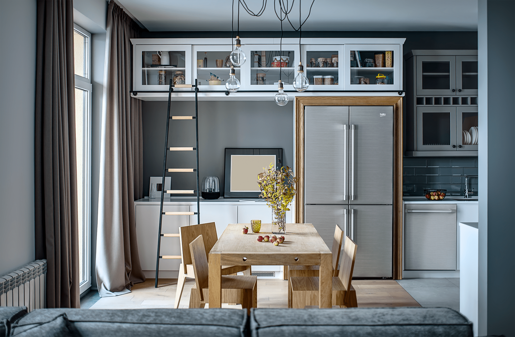 A wide shot of a kitchen featuring a Beko refrigerator 