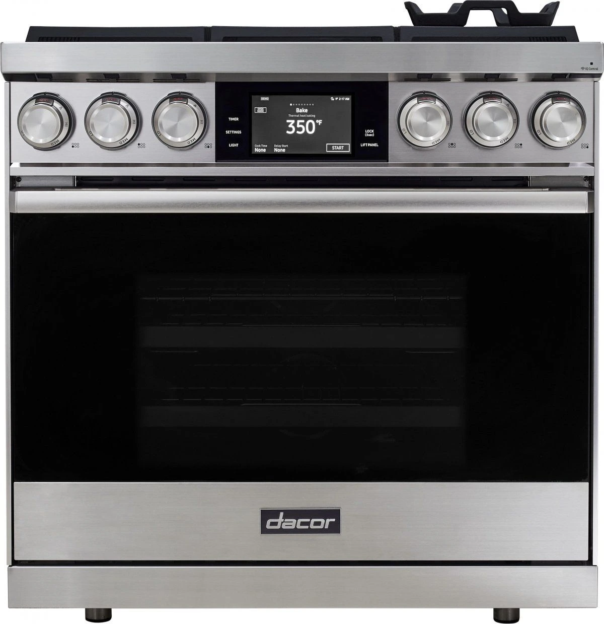 Front view of Dacor DOP36M86DLS 36” steam range 