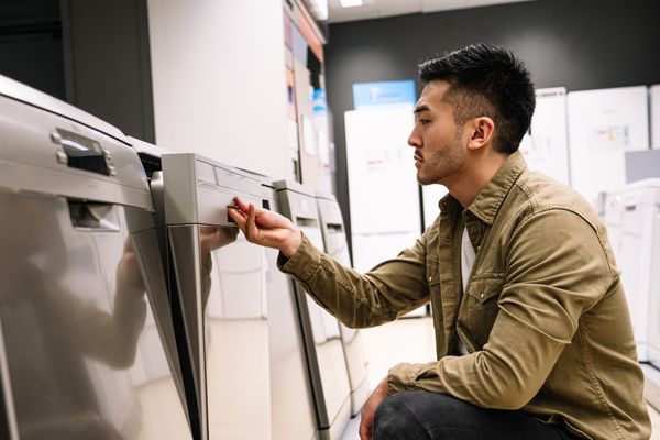 A young man observing a dishwasher 