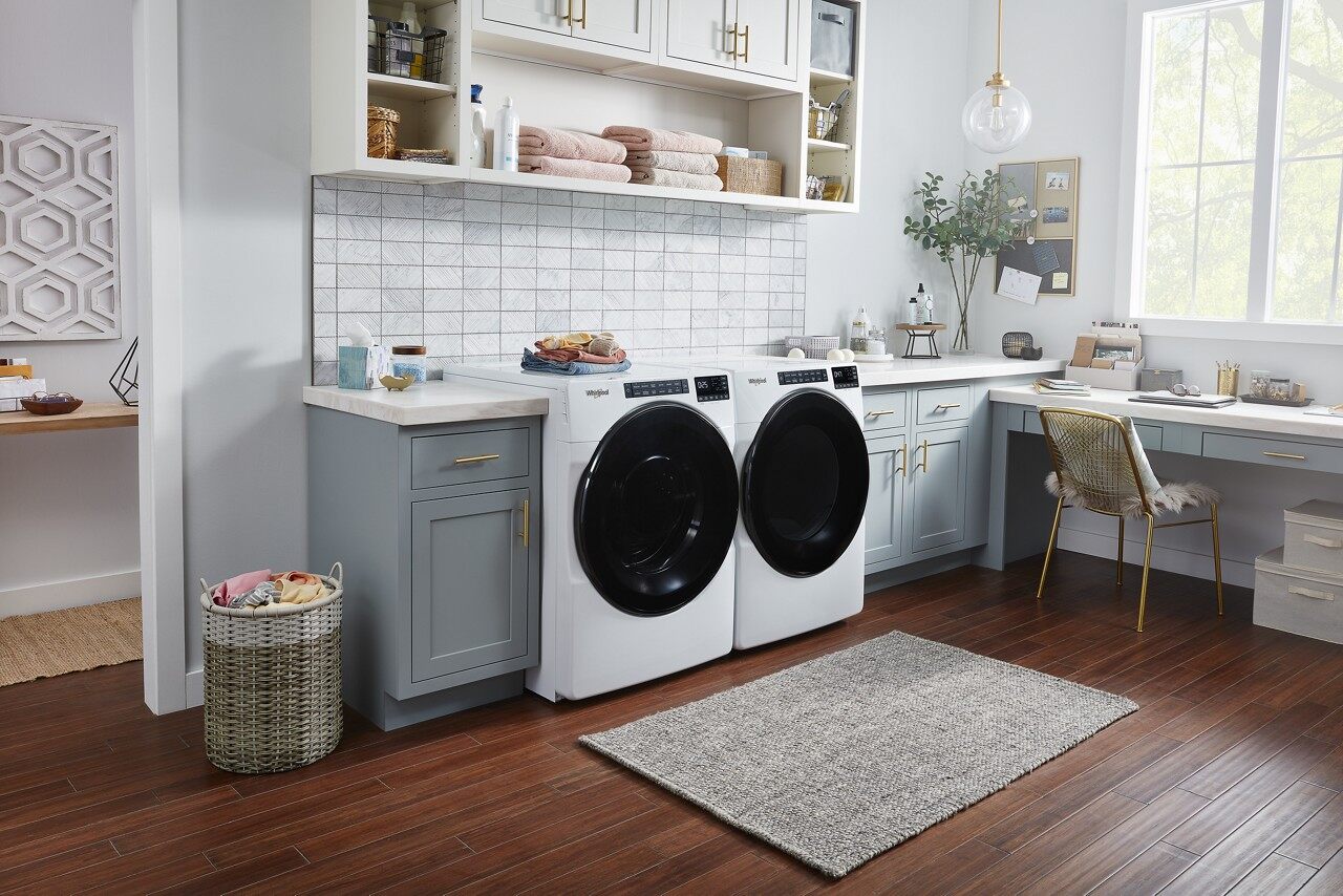 A matching pair of Whirlpool front load washer and dryer 