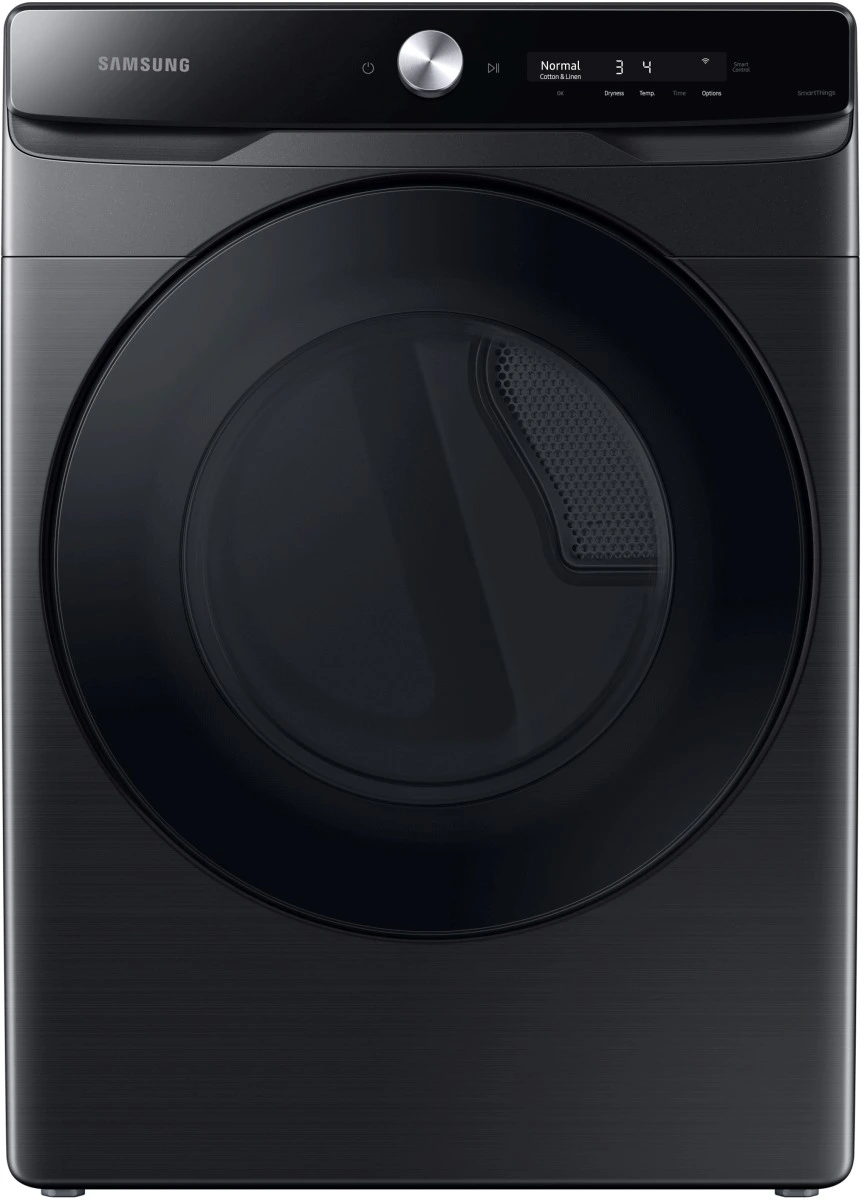Front view of Samsung DVE50A8600V black front load dryer 