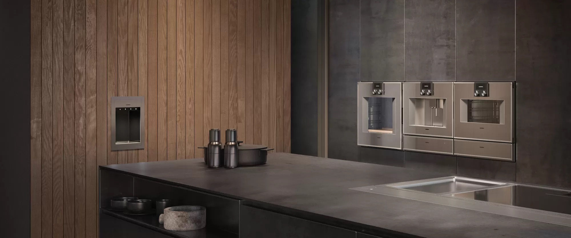 Wide view of Gaggenau 400 series wall oven with matching coffee maker and microwave oven
