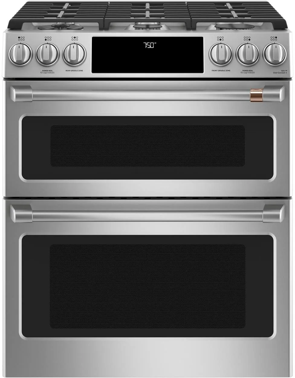 Front view of GE Café CGS750P2MS1 30” double gas range 