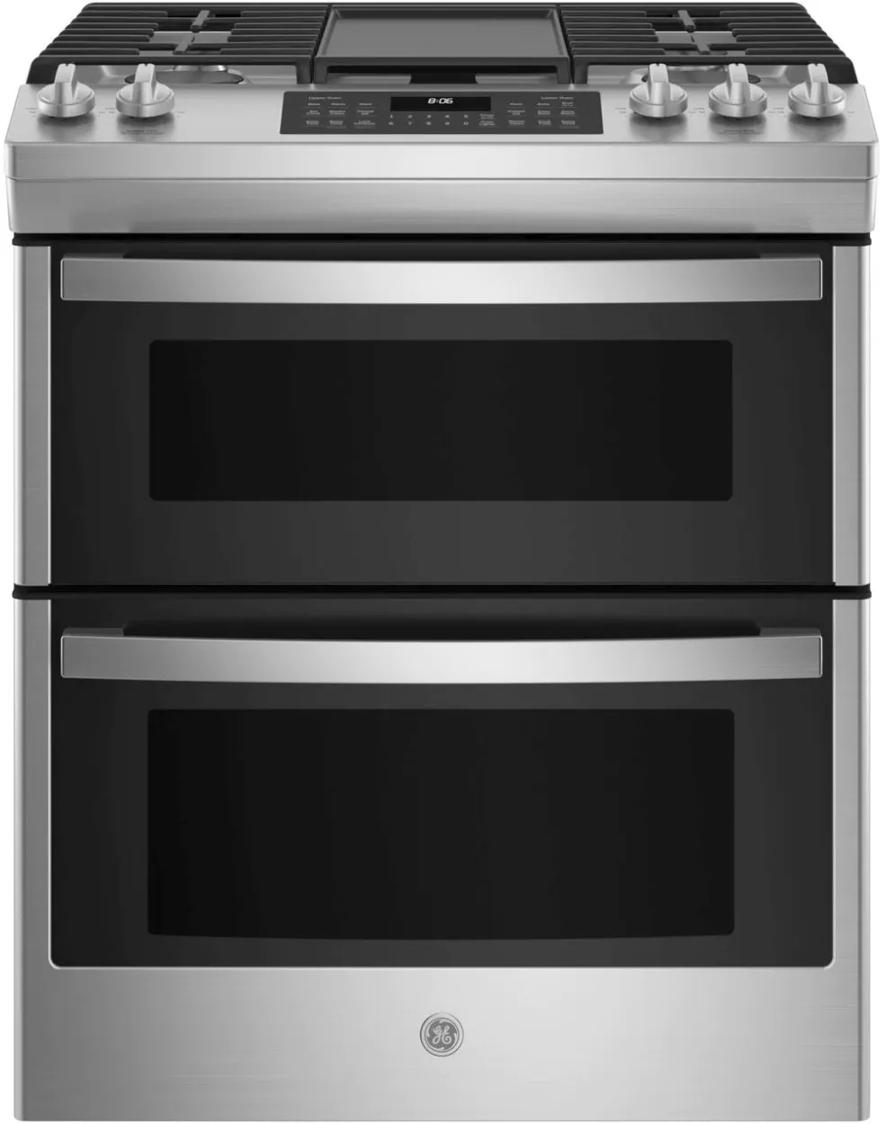 Front view of GE JGSS86SPSS 30” double oven gas range 