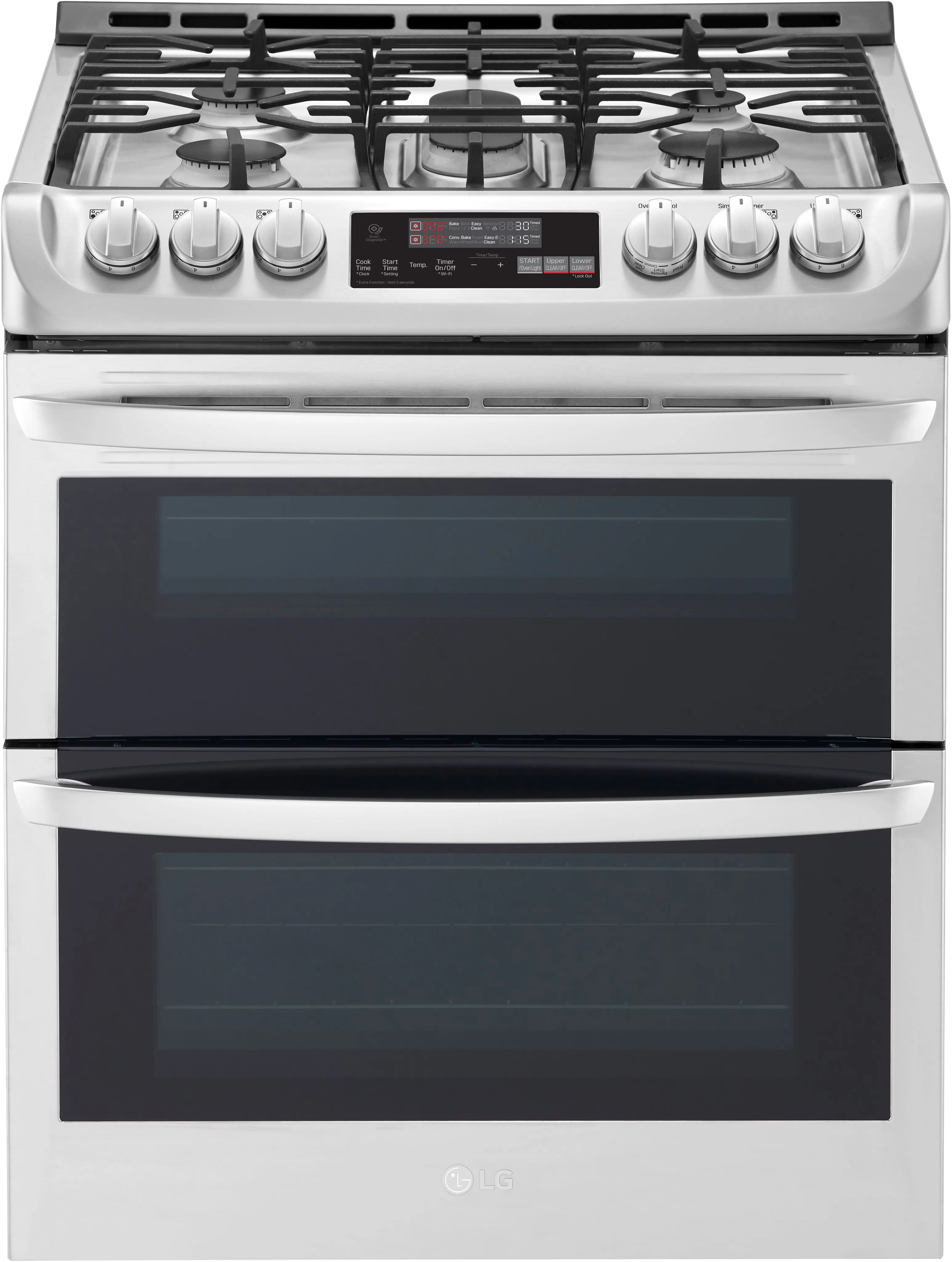 Front view of LG LTG4715ST 30” double oven gas range 