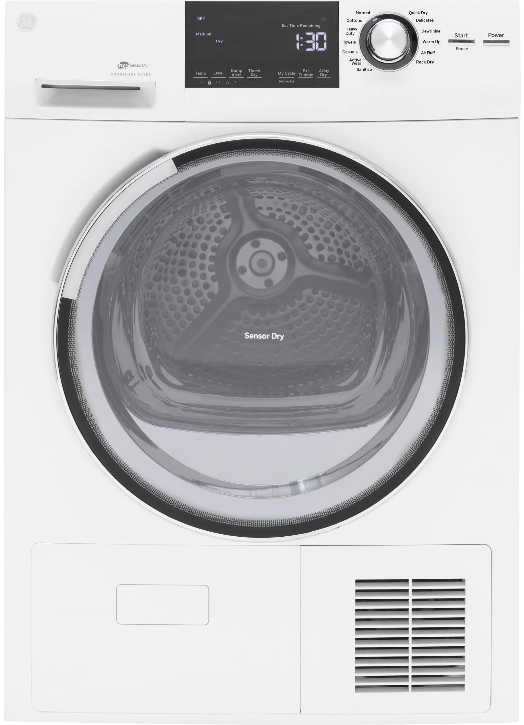Front view of GE GFT14ESSMWW condenser dryer 