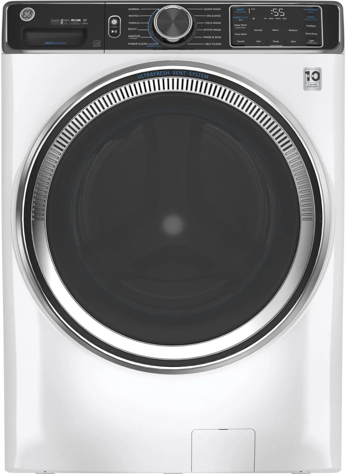 Front view of GE GFW850SSNWW front load washer in a white finish 