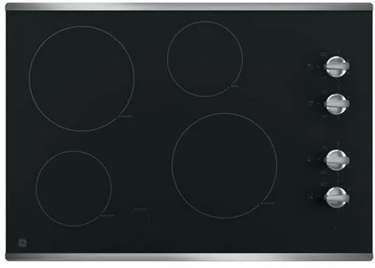 Overhead view of GE JP3030SJSS four-burner electric cooktop 