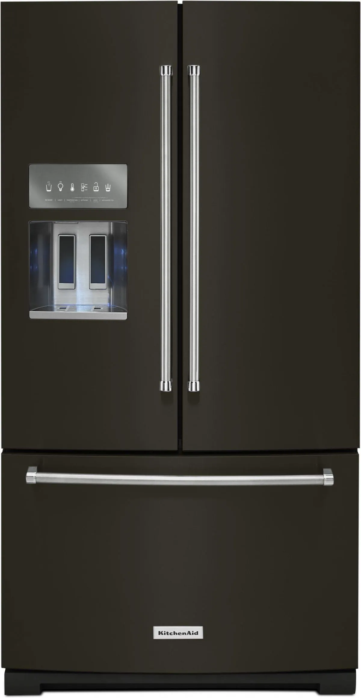 Front view of the KitchenAid KRFF507HBS French door refrigerator 