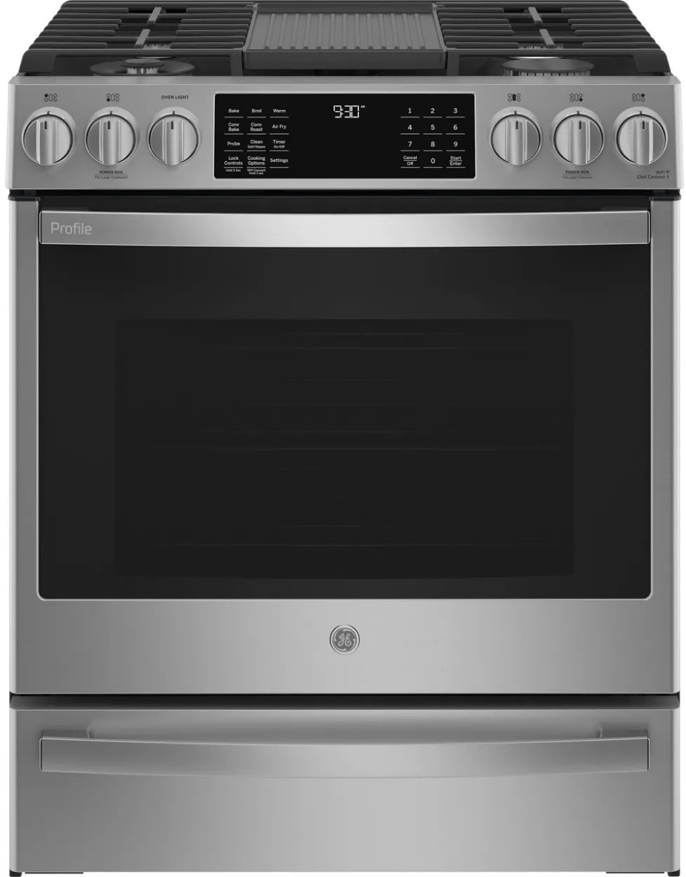 Front view of GE Profile PGS930YPFS 30-inch slide in gas convection range 