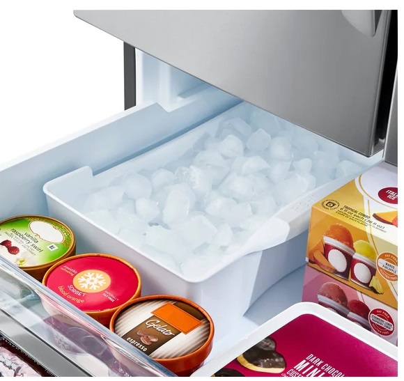 A close up of ice cubes inside an LG freezer 