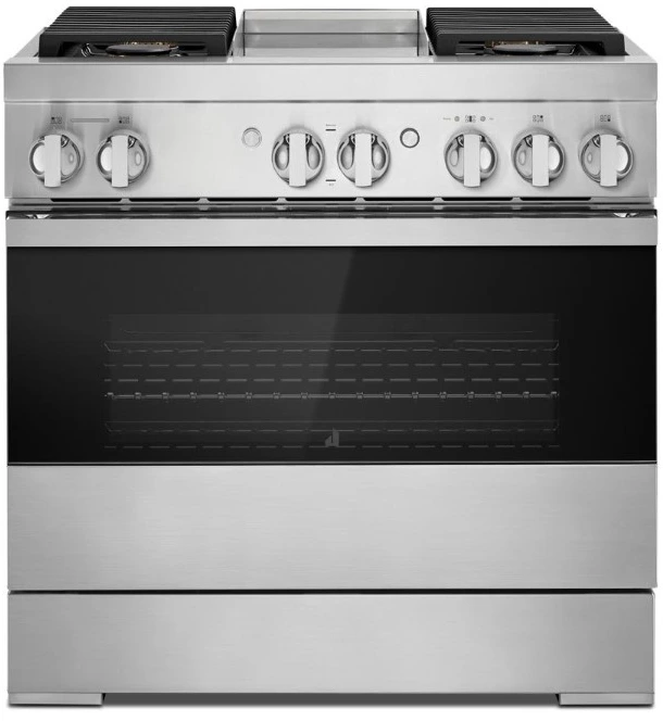 Front view of the JennAir JDRP536HM 36” dual fuel range 