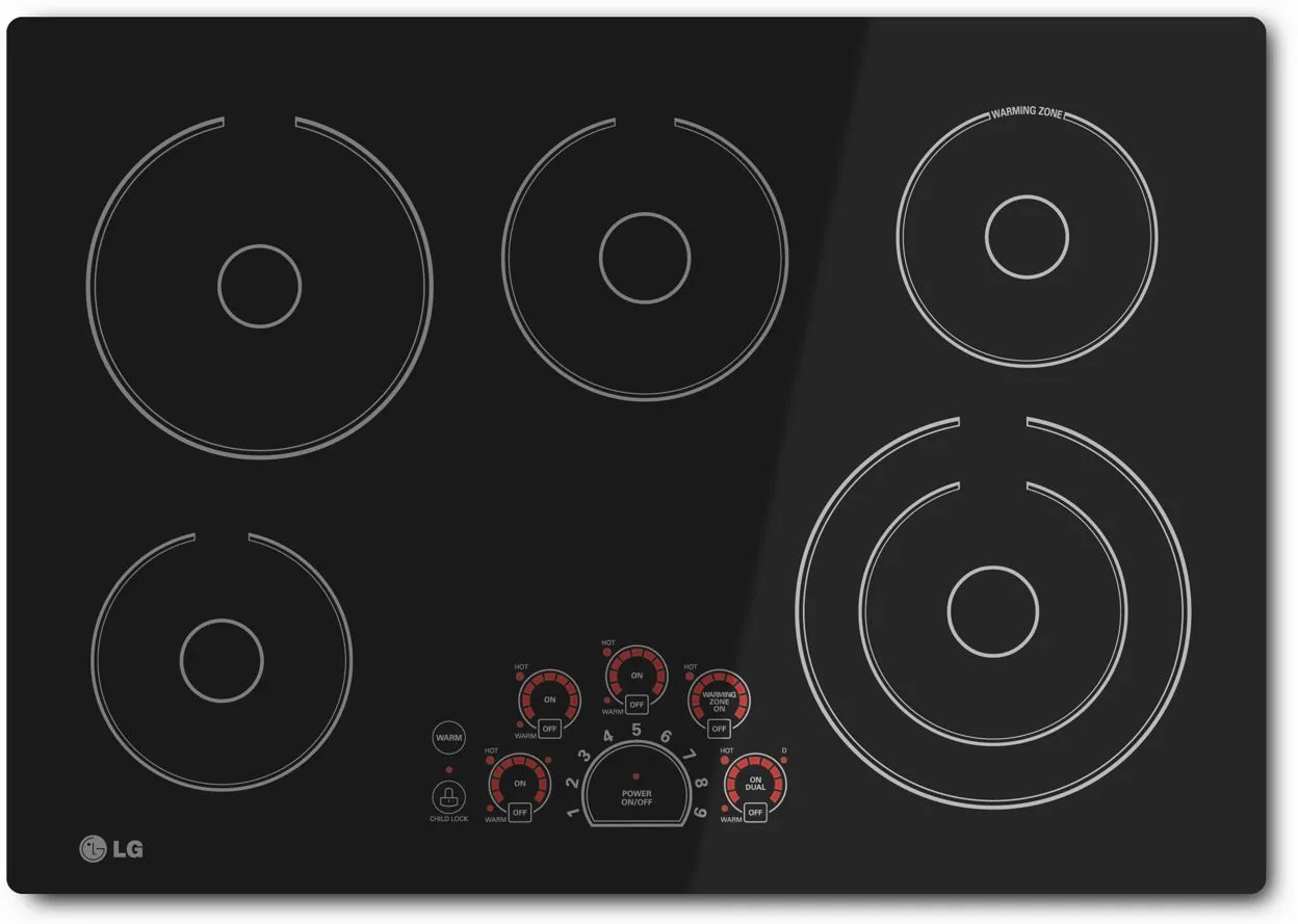 Overhead view of LG LCE3010SB five-burner electric cooktop 