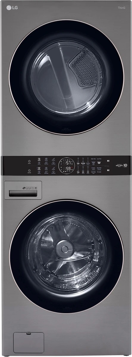 Front view of LG WKE100HVA WashTower in graphite steel finish 