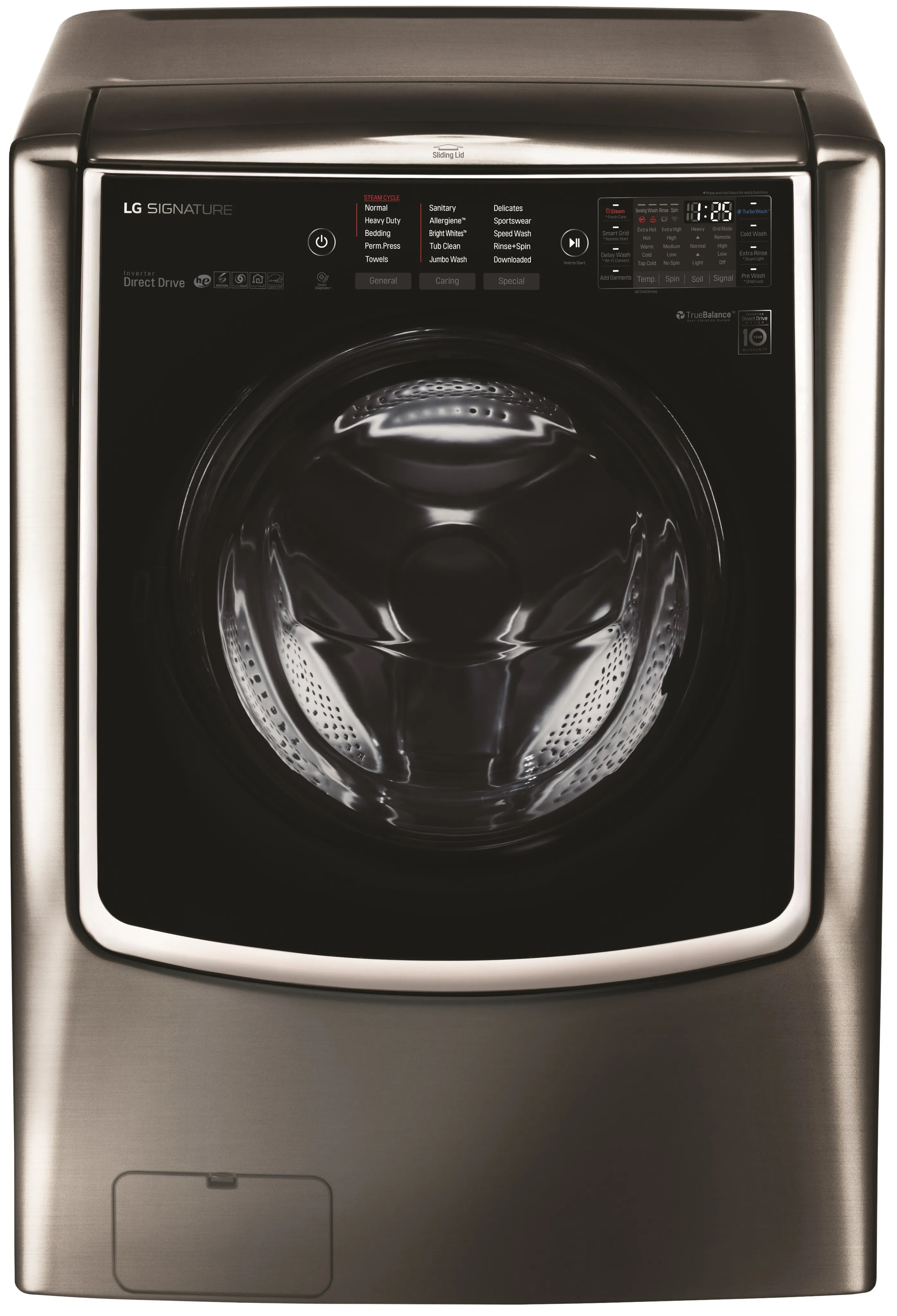 Front view of LG Signature WM9500HKA front load washer in a black stainless-steel finish 