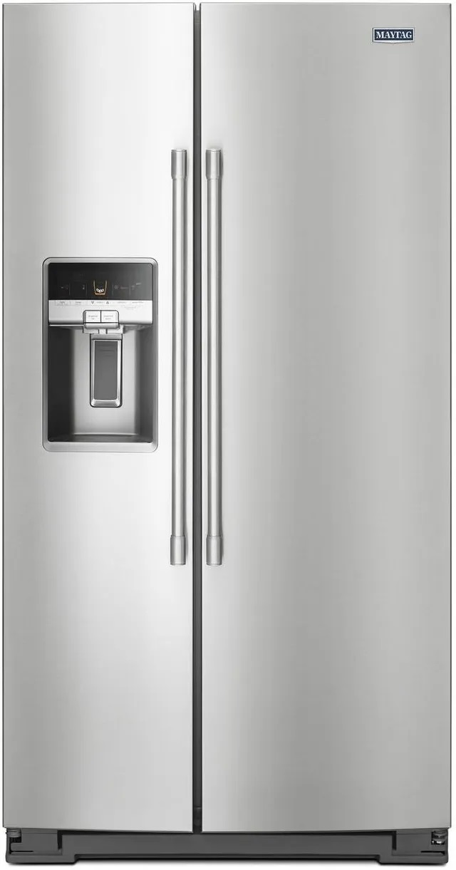 Front view of Maytag MSC21C6MFZ stainless steel side by side refrigerator 