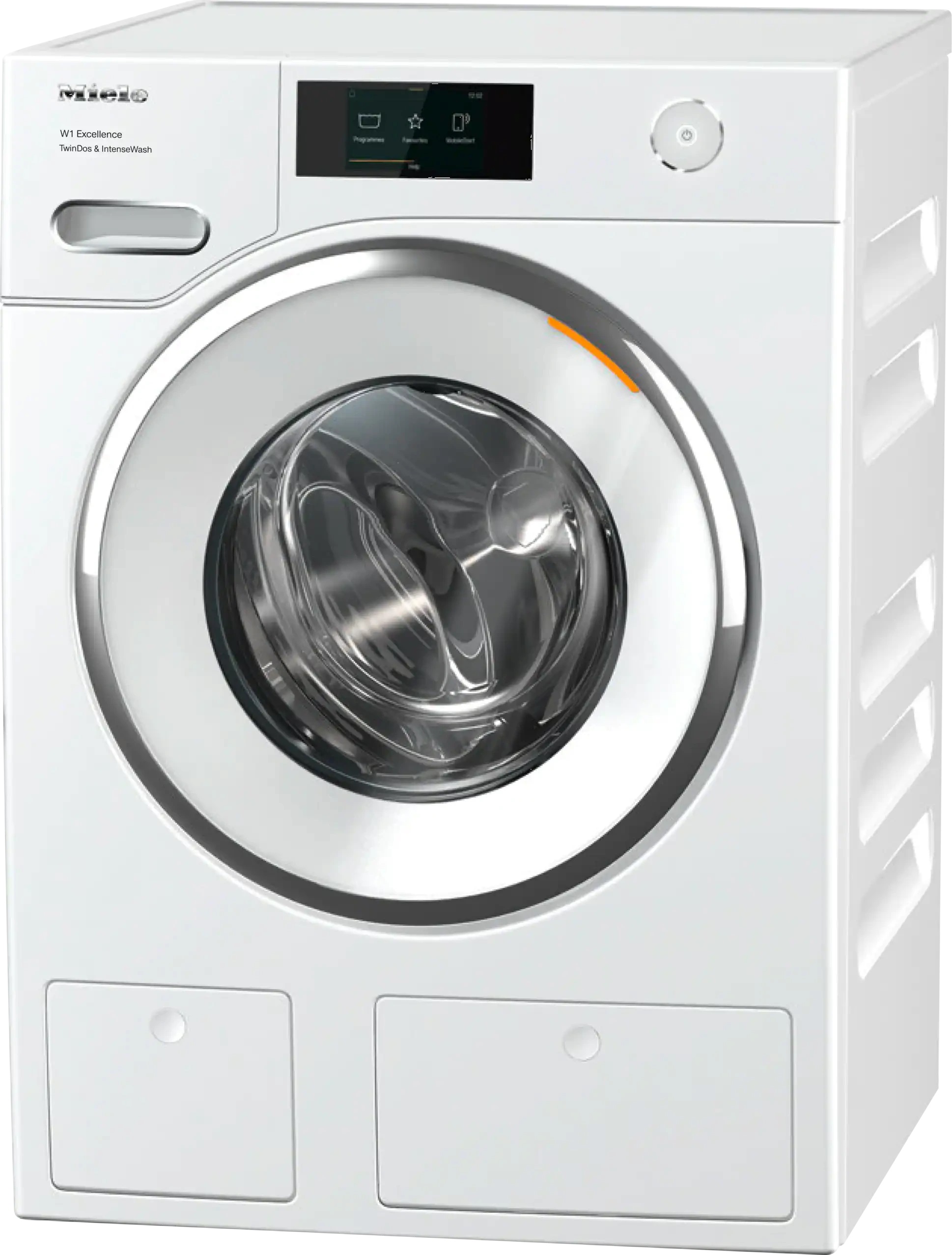Front view of Miele WXR 860 WCS front load washer in a lotus white finish