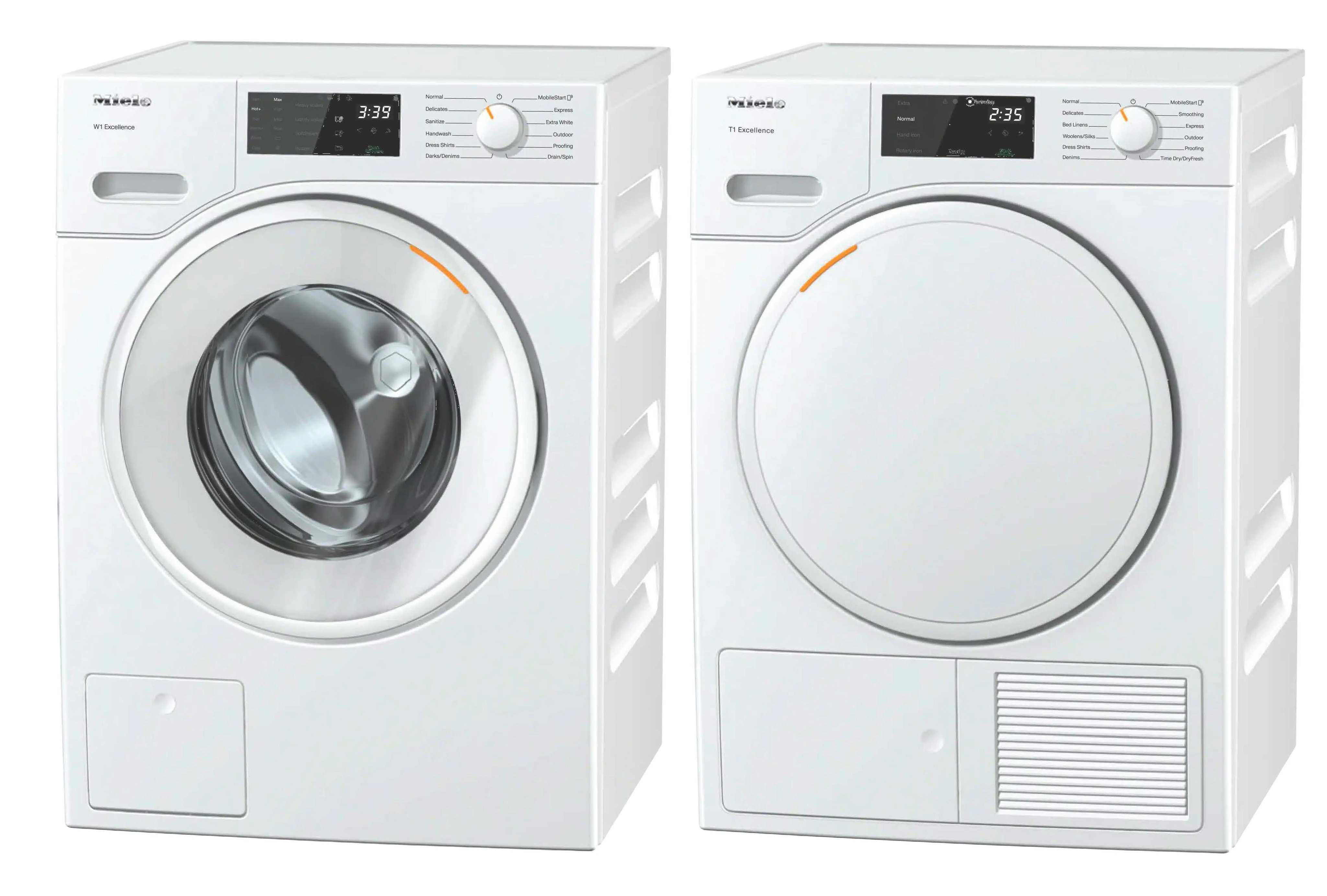 Front view of Miele front load washer and dryer pair 