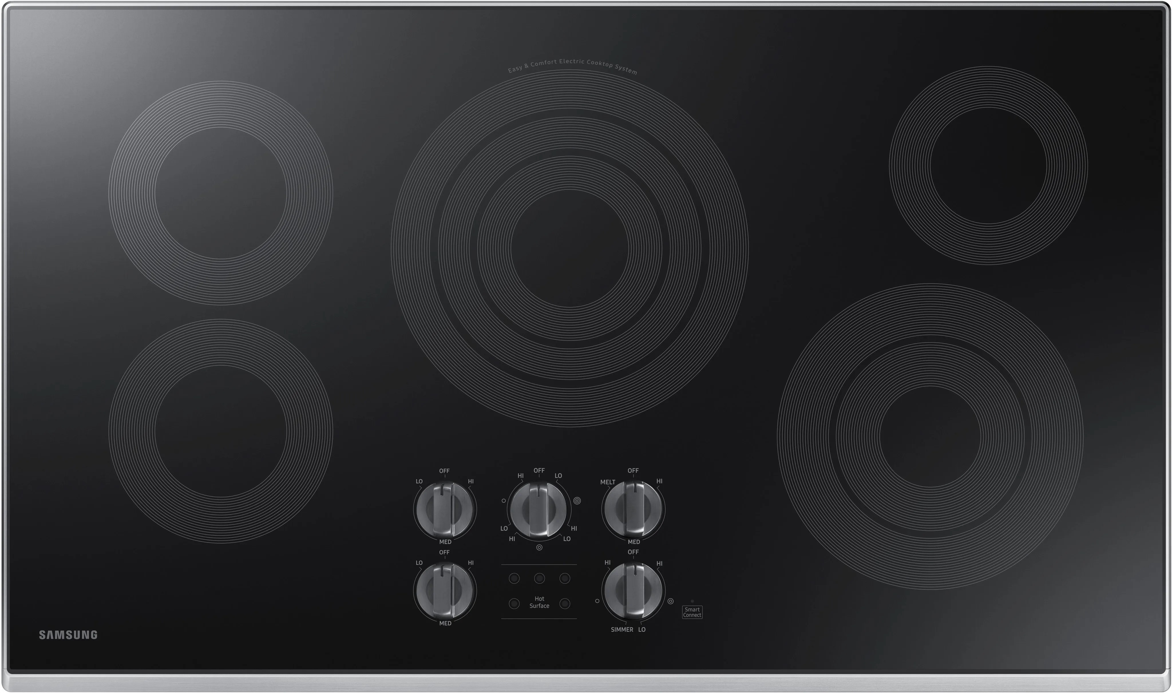 Overhead view of Samsung NZ36K6430RS five-burner electric cooktop 