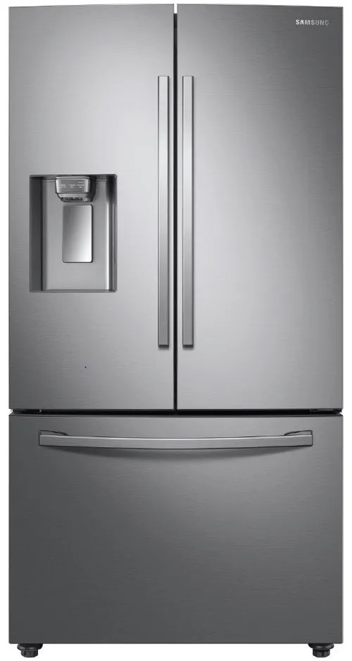 Front view of Samsung RF28R6201SR French door refrigerator with water dispenser 