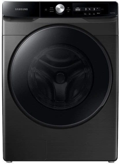 Front view of Samsung WF45A6400AV front load washer in a brushed black finish 