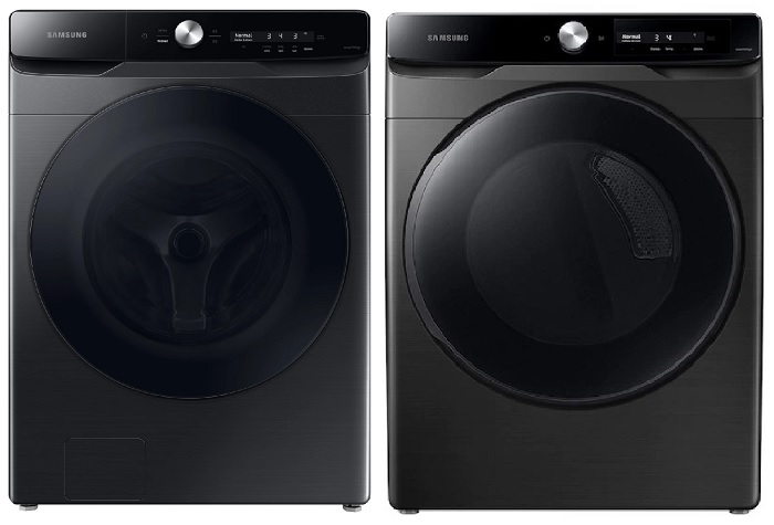 Side-by-side front view Samsung WF50A8600AV front load washer and Samsung DVE45A6400V dryer 