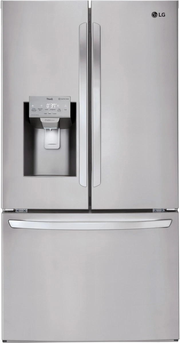 Front view of the LG LFXS26973S French door refrigerator 