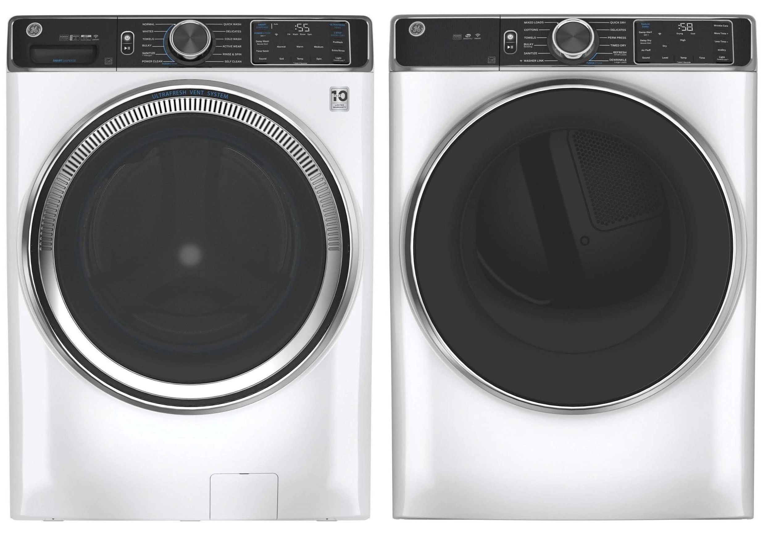 Front view of a GE smart washer and dryer pair 
