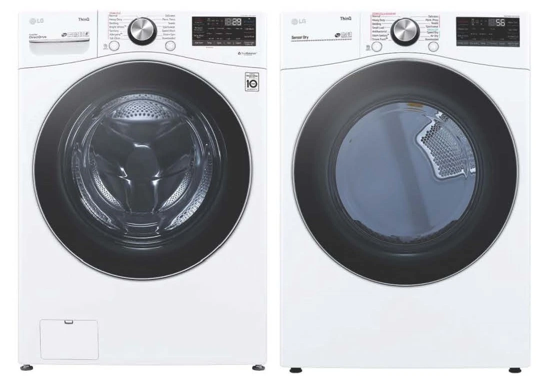 Front view of an LG smart washer and dryer pair 