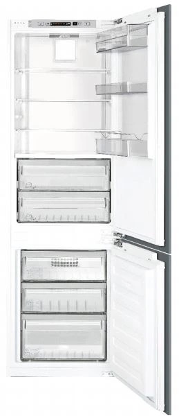 Smeg CB300U built-in bottom-freezer refrigerator with its doors open 