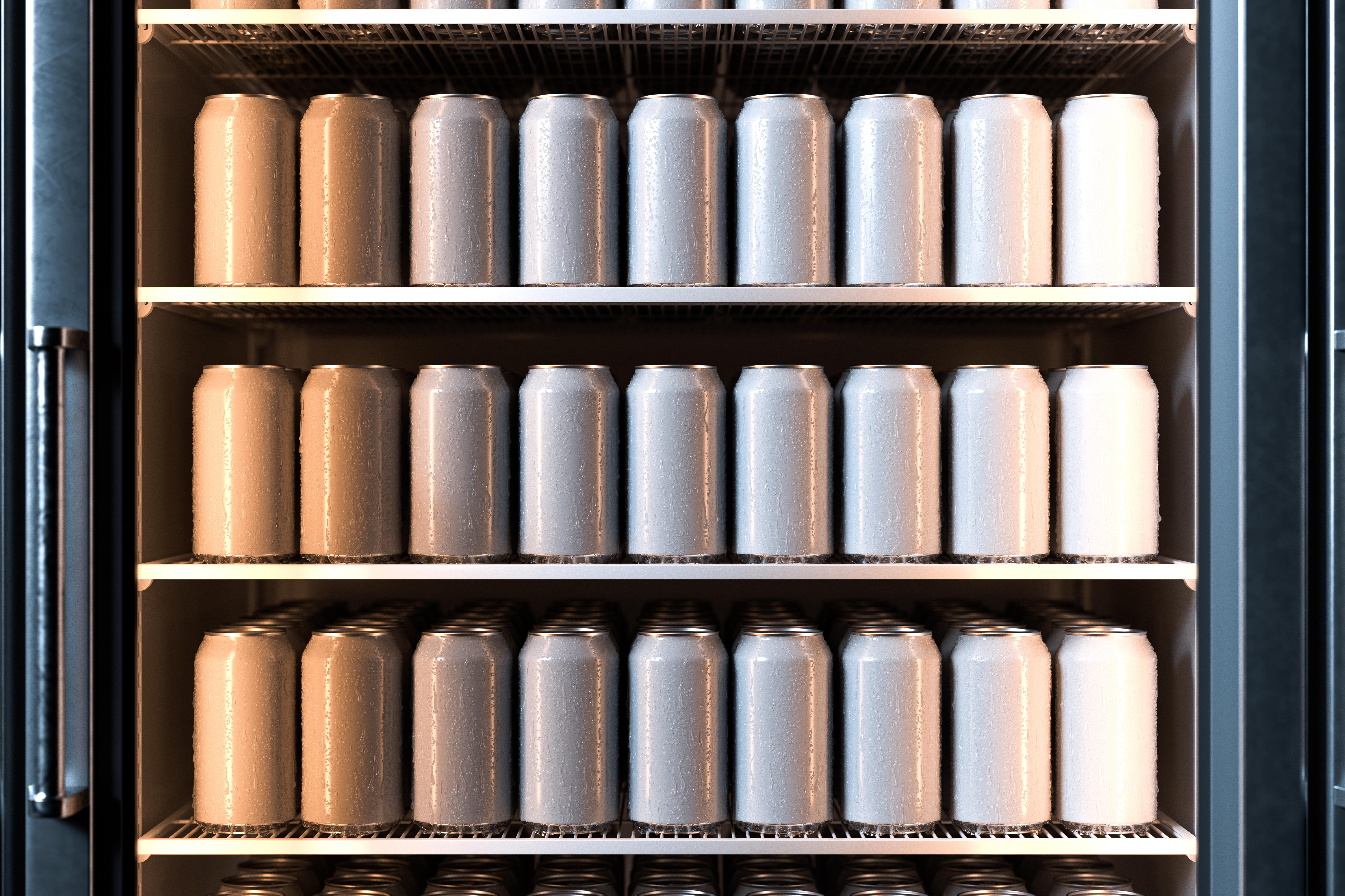Close up of a beverage refrigerator stocked with cans