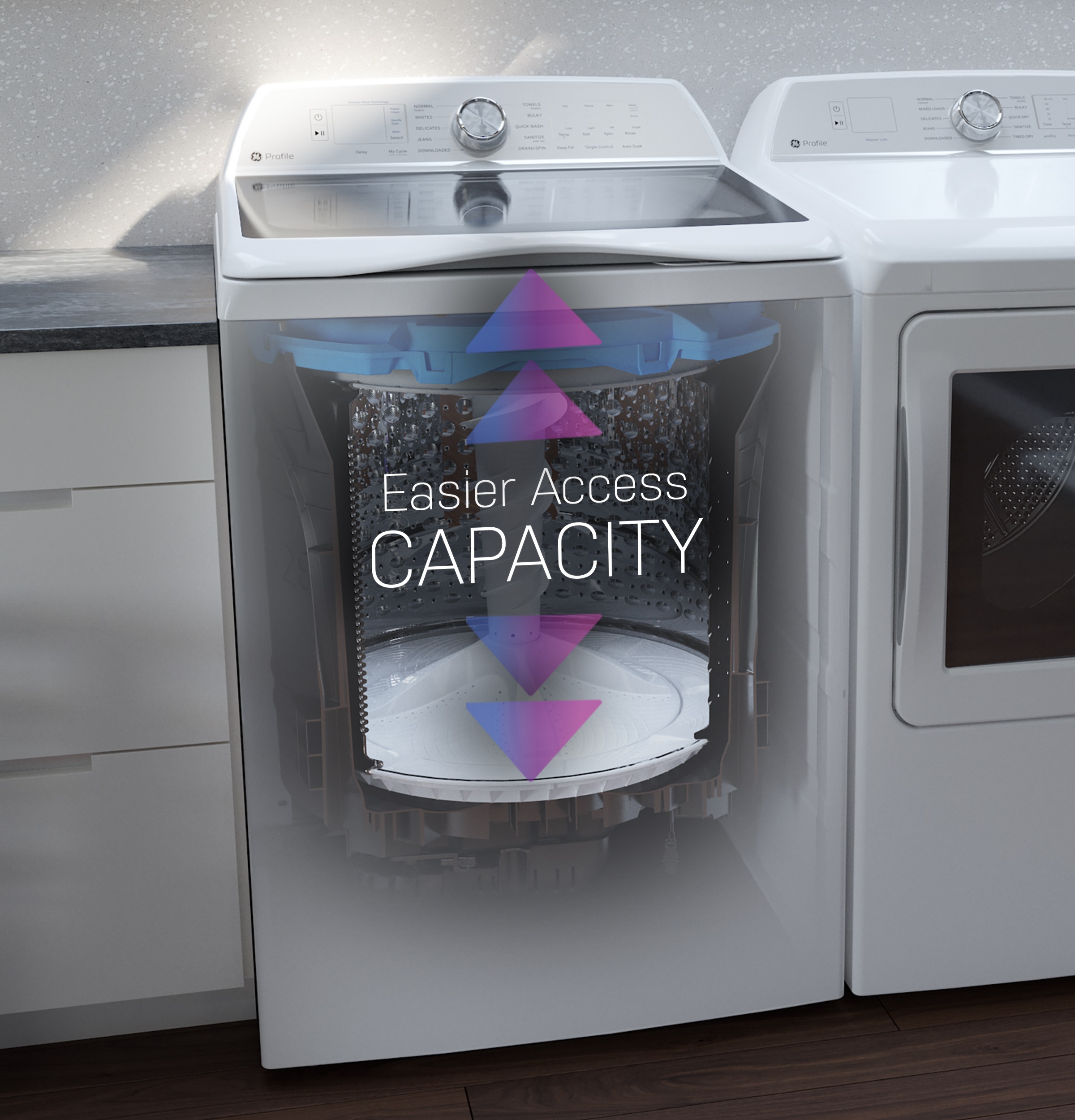 A graphic cutaway showing the capacity of a GE Profile 900 Series top load washer 