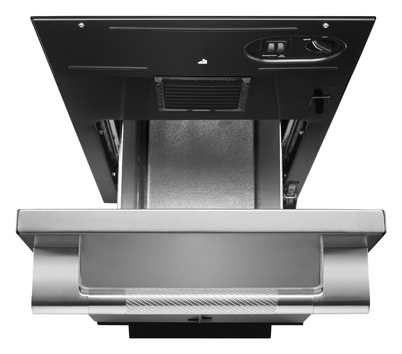 Overhead view of JennAir tc607x trash compactor with its door open  