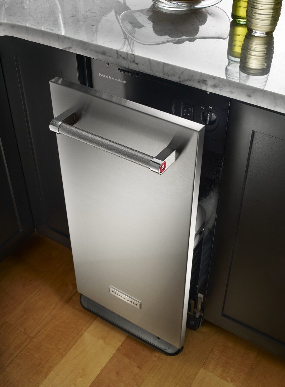 KitchenAid 15” KTTS505ESS trash compactor slightly open 