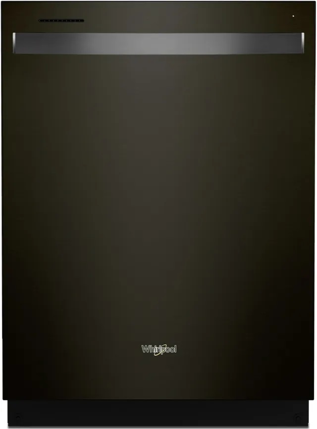 Front view of Whirlpool WDT970SAKV black dishwasher with towel bar handle 