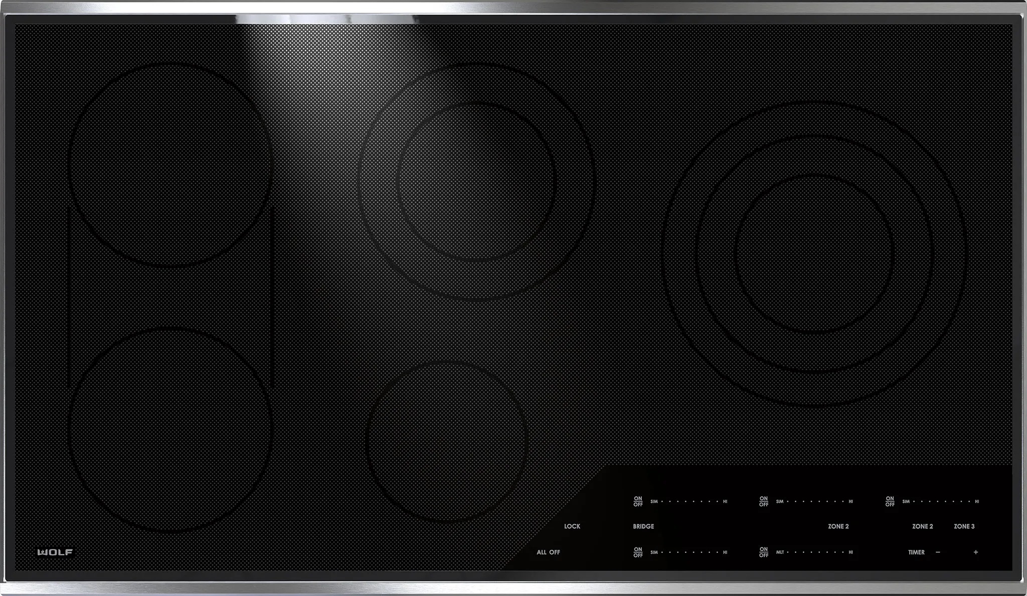 Overhead view of Wolf CE365T/S five-burner electric cooktop 