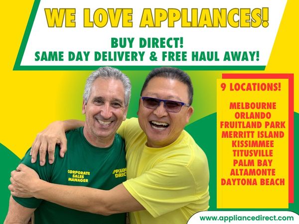 Appliance Direct founder Sam Pak smiling with a corporate sales manager against a graphic background