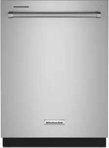 Front view of the KitchenAid KDTE104KPS dishwasher 