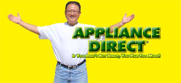 Sam Pak featured on an Appliance Direct banner with the company slogan 