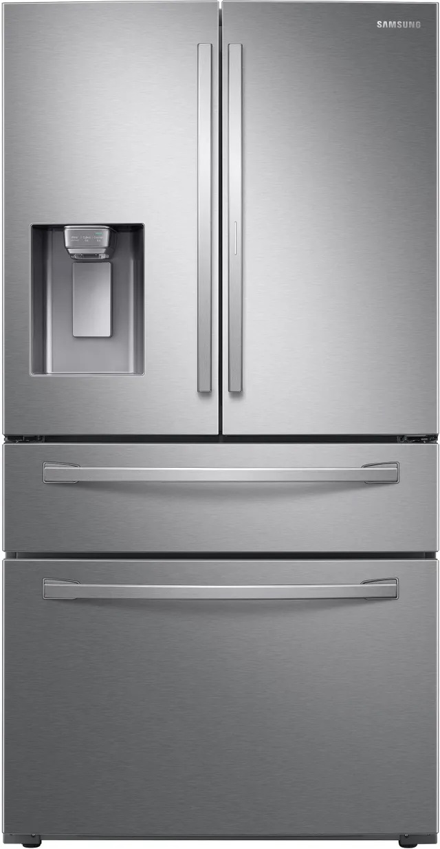 Front view of Samsung RF22R7351SR  counter-depth French door refrigerator 