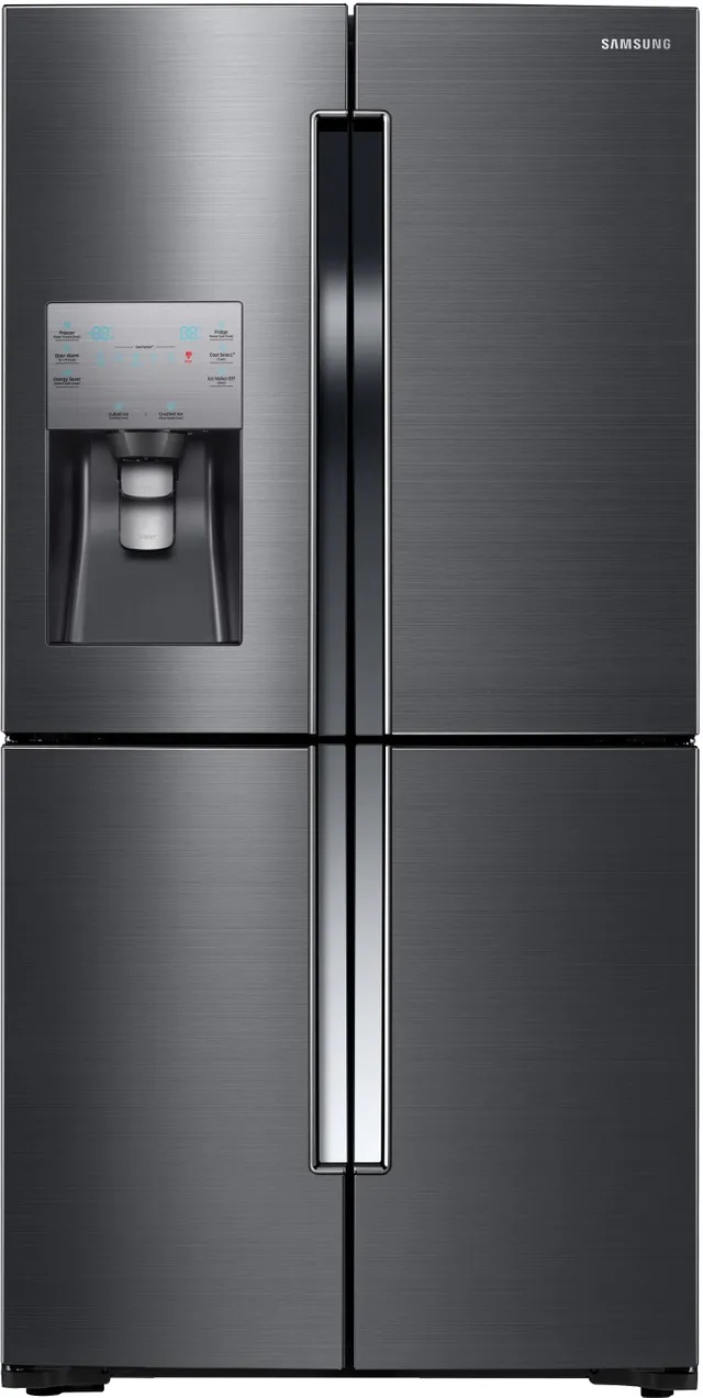 Front view of Samsung RF23J9011SG four door refrigerator 