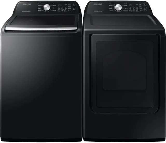 Front view of Samsung SALAUWA45T3400AV black stainless steel top load washer and dryer pair 