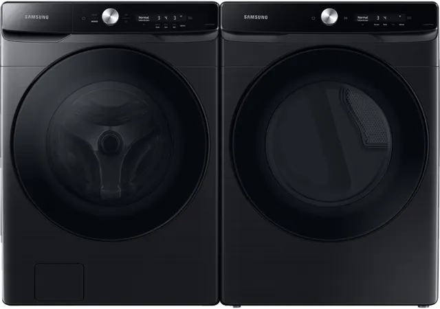 Front view of Samsung SALAUDVE50A8600V brushed black front load washer and dryer pair 