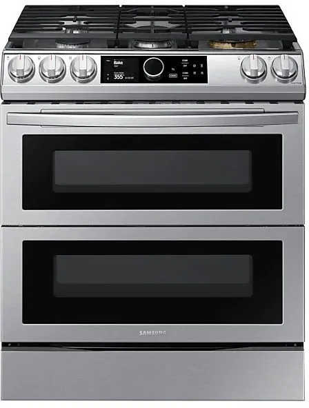 Front view of Samsung NY63T8751SS 30” double oven dual fuel range 